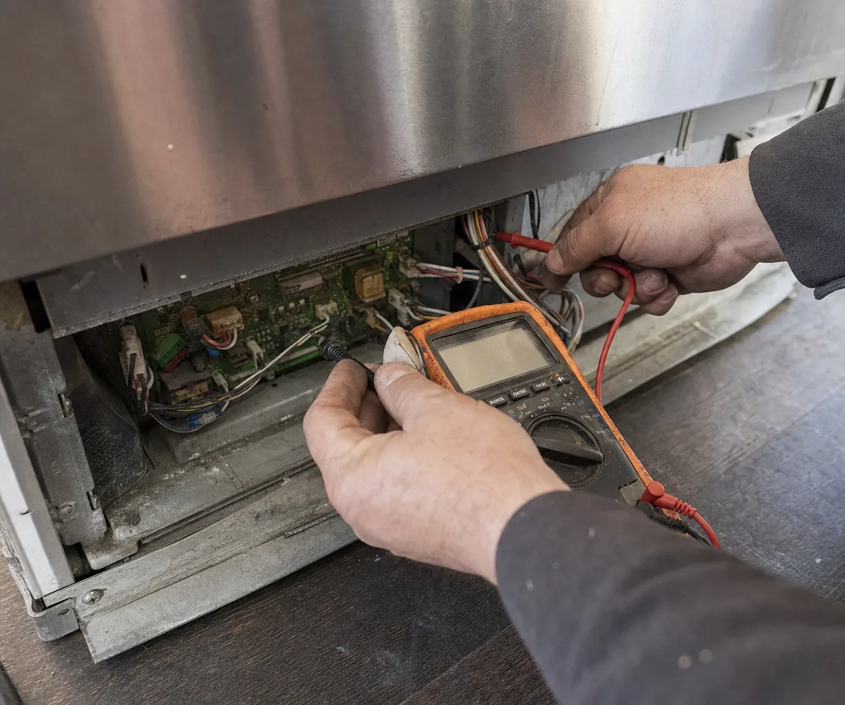 A control board pulled out from under a cabinet with its ribbon connectors and relays showing, a probe touching one terminal and the multimeter face lit beside it.
