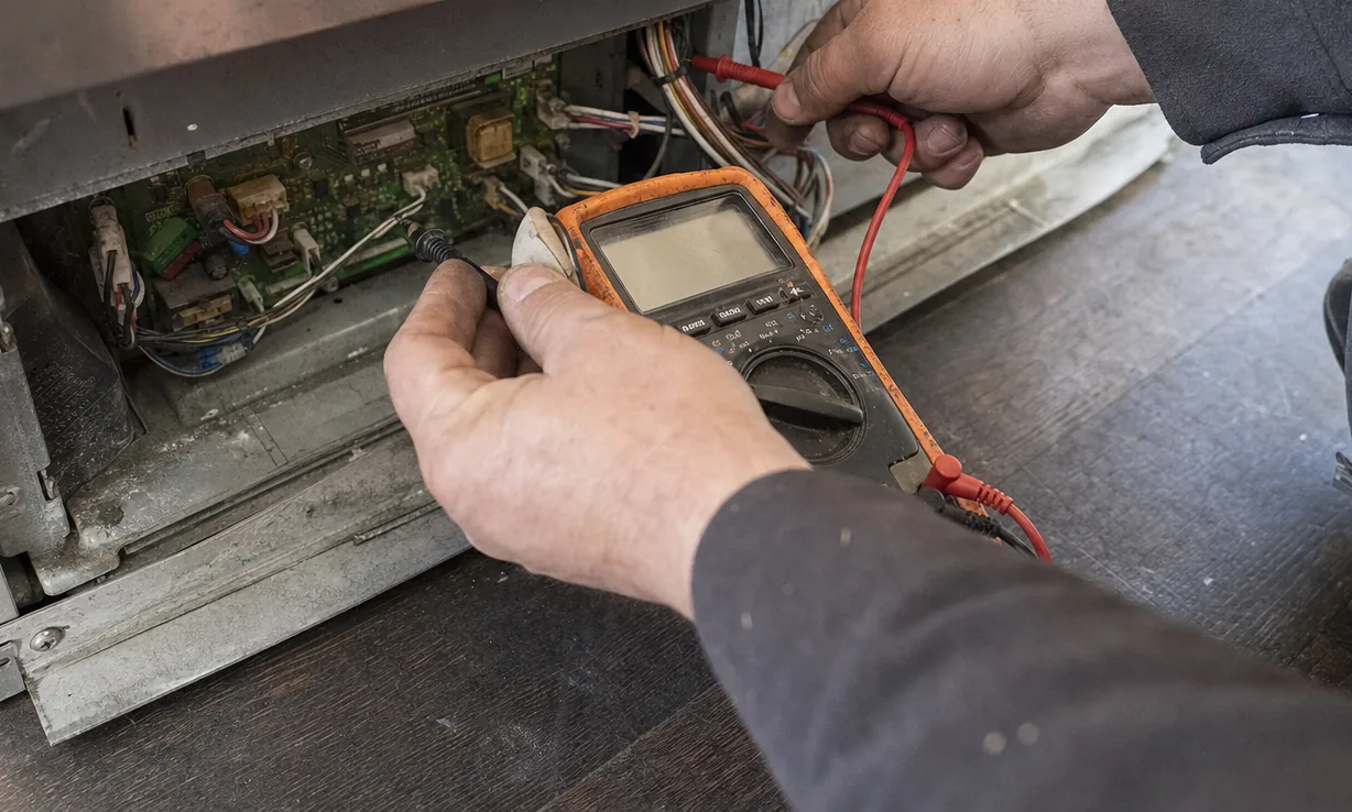 A close, low view of an exposed control board resting on the base rail of a stainless cabinet, its connectors unplugged and the multimeter lead laid across the floor beside it.
