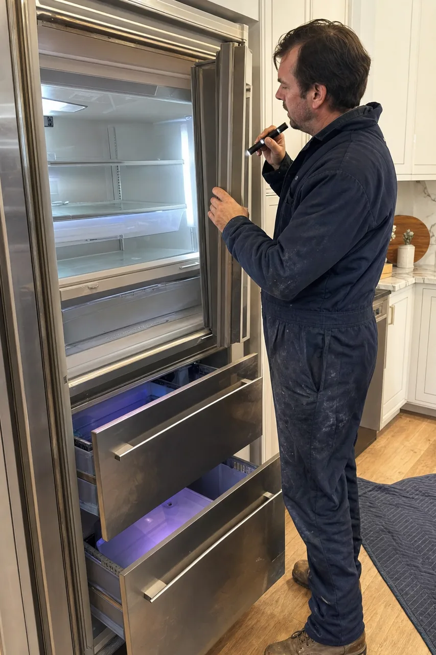 A technician in dark work overalls standing at a tall stainless built-in refrigerator with the upper door open and both freezer drawers pulled out, holding a small flashlight while he looks over the empty glass shelves.