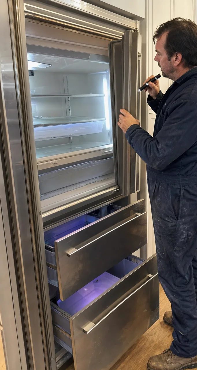 The full height of an open stainless built-in refrigerator seen from the side: lit glass shelves above, two deep freezer drawers pulled out below, and the cabinet run it is fitted into.