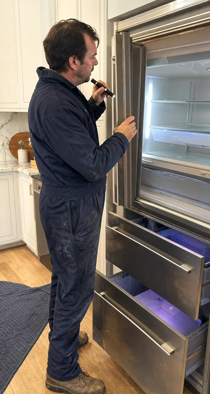 A technician standing beside an open built-in refrigerator in a kitchen with pale cabinets and a wooden floor, one hand on the door edge, checking the fresh-food compartment.