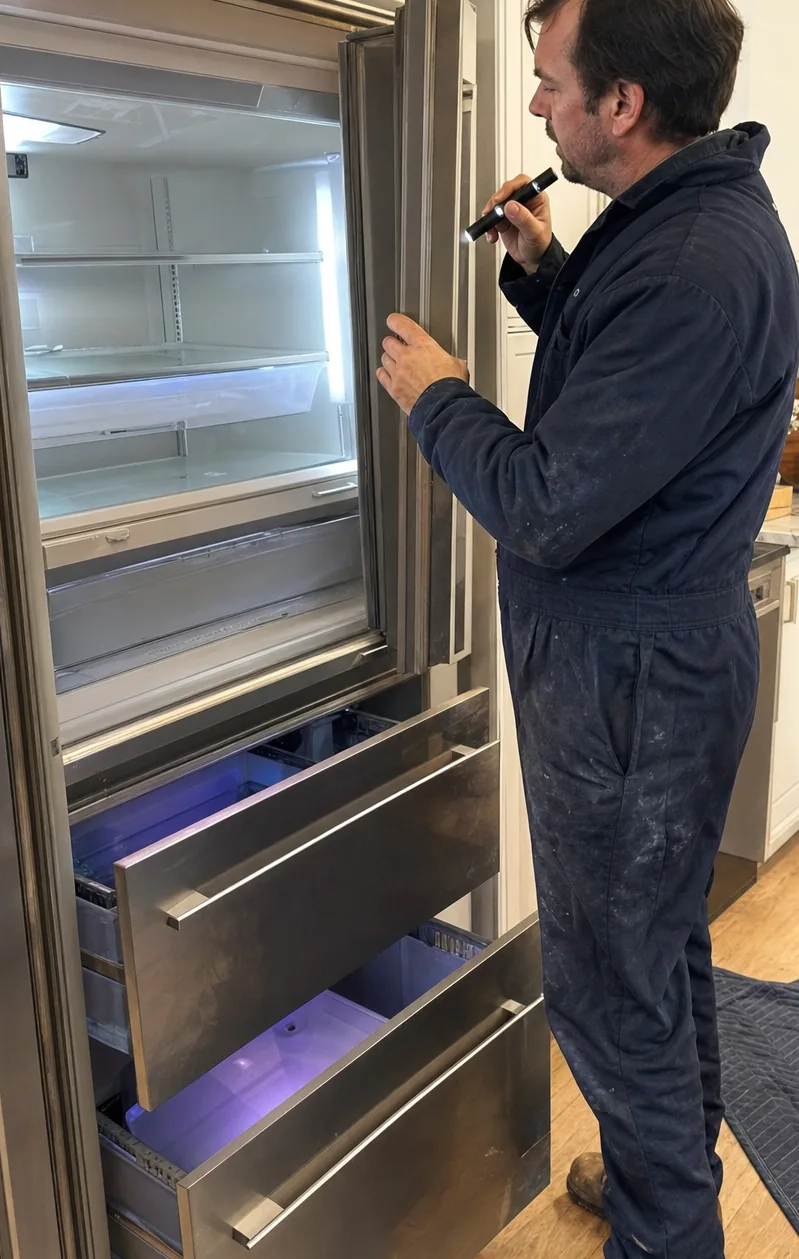 Two stainless freezer drawers pulled fully open on their runners, the interiors lit blue and holding clear plastic bins, with the open refrigerator compartment above them.