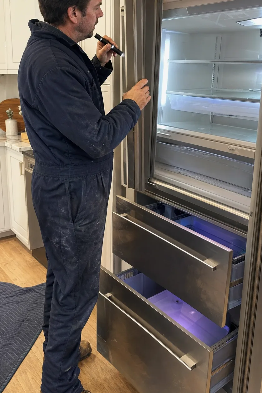 A panel-height stainless column standing open in a run of cabinetry, its door aligned with the surrounding joinery and its interior shelving empty and lit.