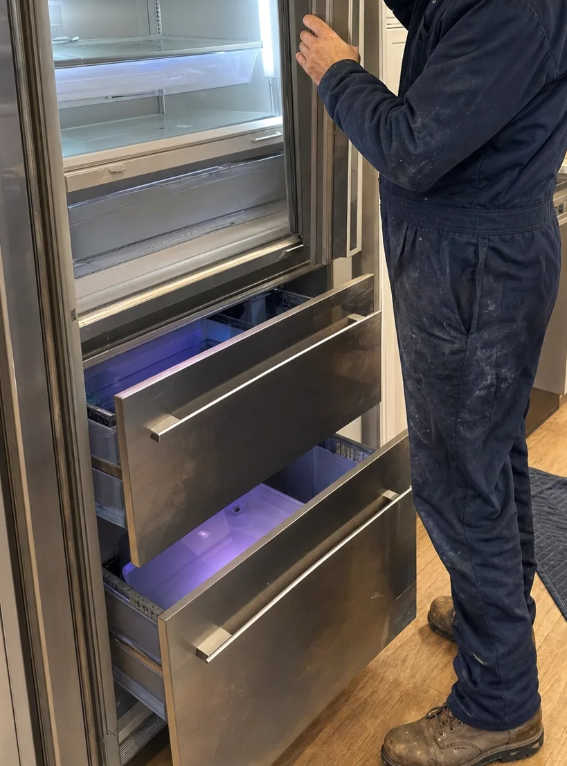 A tall stainless refrigerator standing open in a large kitchen with marble worktops and pale cabinetry, its shelves bare and its drawers open, the technician alongside it.