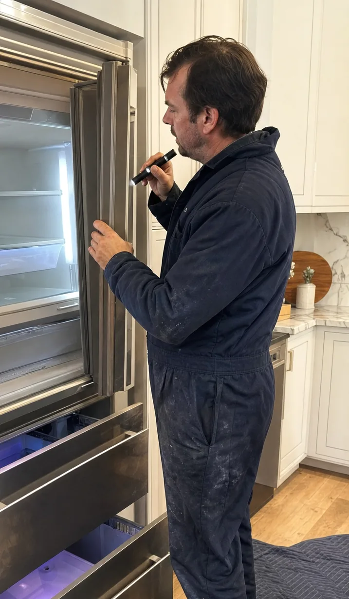 The open door of a built-in refrigerator held at the edge by a technician’s hand, the gasket and the door frame in view against the lit interior.