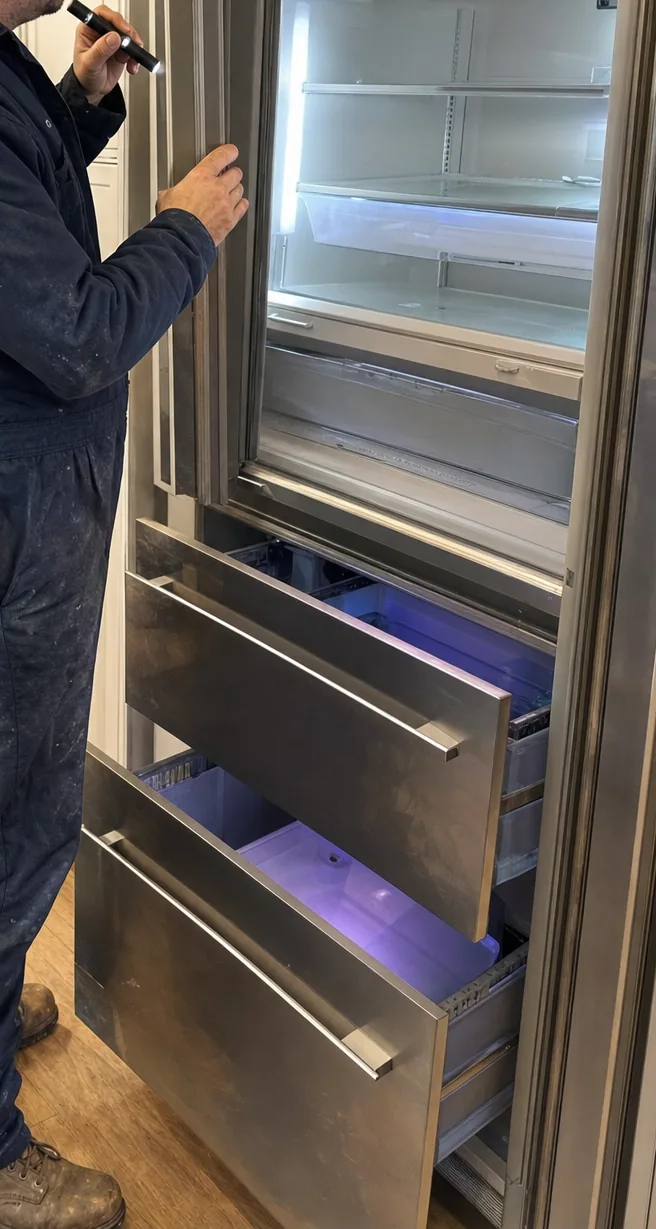 Two open freezer drawers with lit blue interiors and clear storage bins, seen from low down with the runners and the cabinet base in the frame.