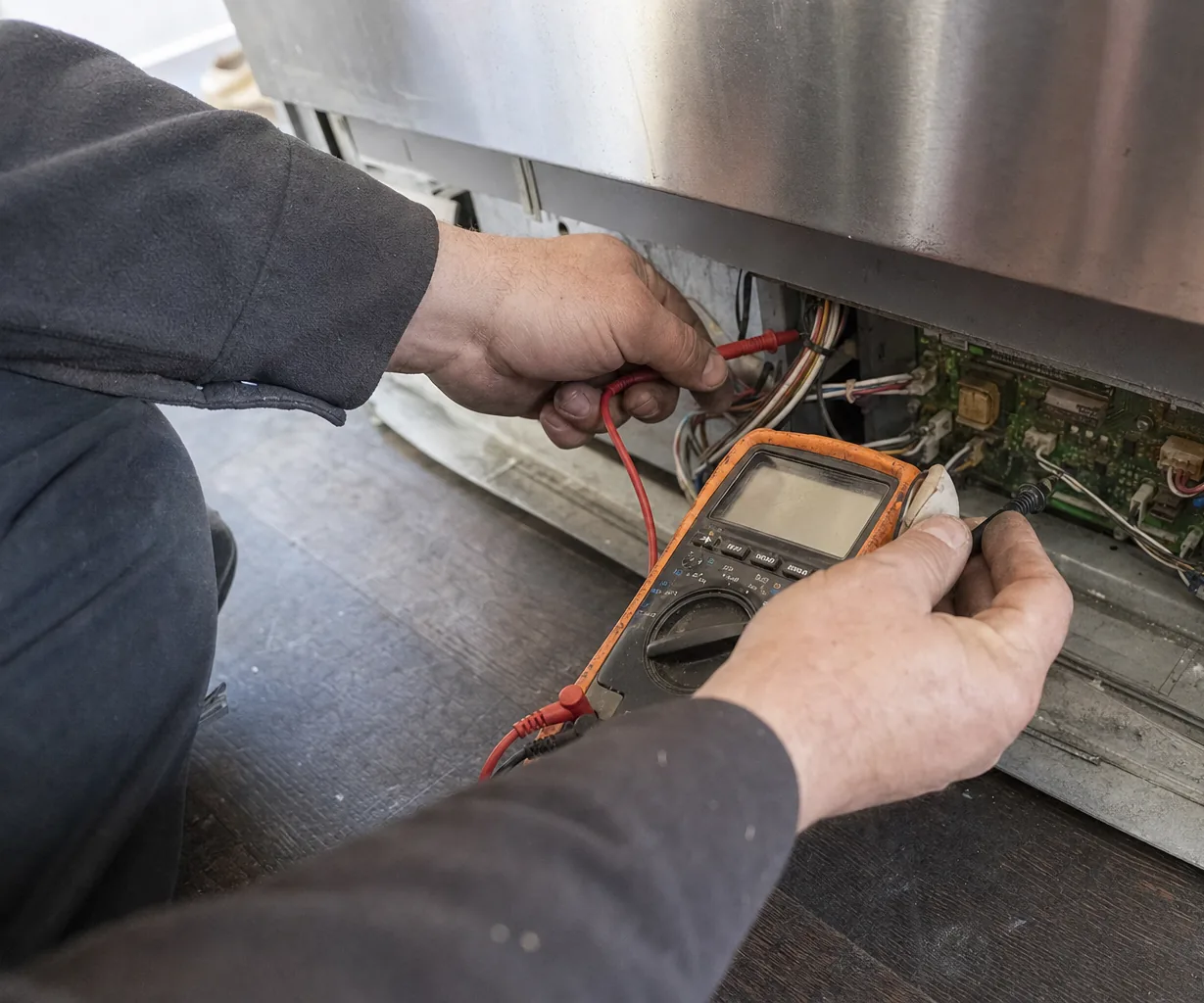 Hands pressing red and black multimeter probes to the wiring and green circuit board exposed beneath the stainless base of a refrigerator, over a dark wood floor.