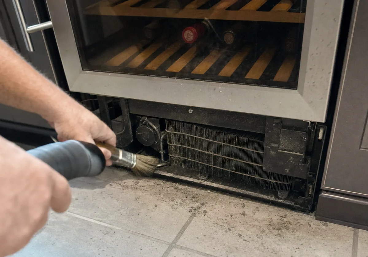 A close frame on a dusty condenser coil under a cabinet, the brush mid-stroke between the fins and loose grey dust falling to the tiled floor below.