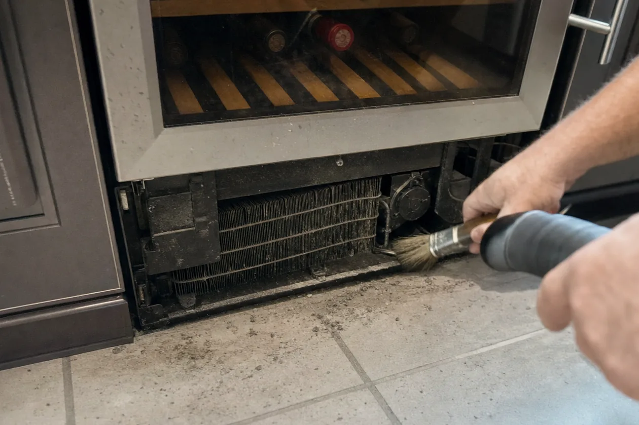 The removed base grille of a refrigeration cabinet lying to one side, exposing a matted condenser coil and its fan housing, a hand with a brush working across the fins.