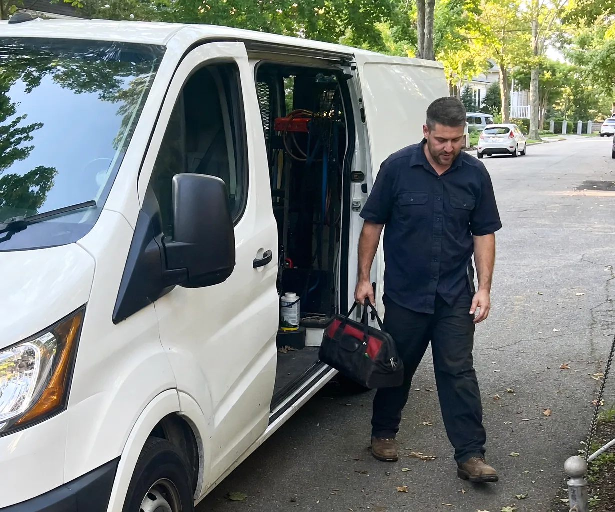 A plain white van parked at the kerb of an established suburban street, its side door open on racking and hose reels, houses set back behind lawns.